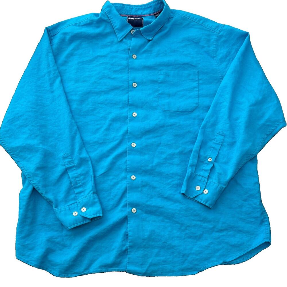 Tommy Bahama 2XB Linen Shirt Men’s Big Bright Pool Blue Long Sleeve Button Up*